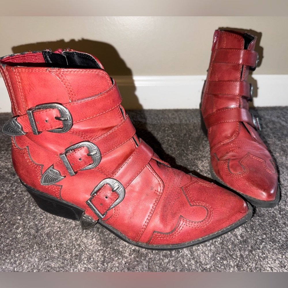 Indigo Scarlet Ankle Booties with Triple Buckle